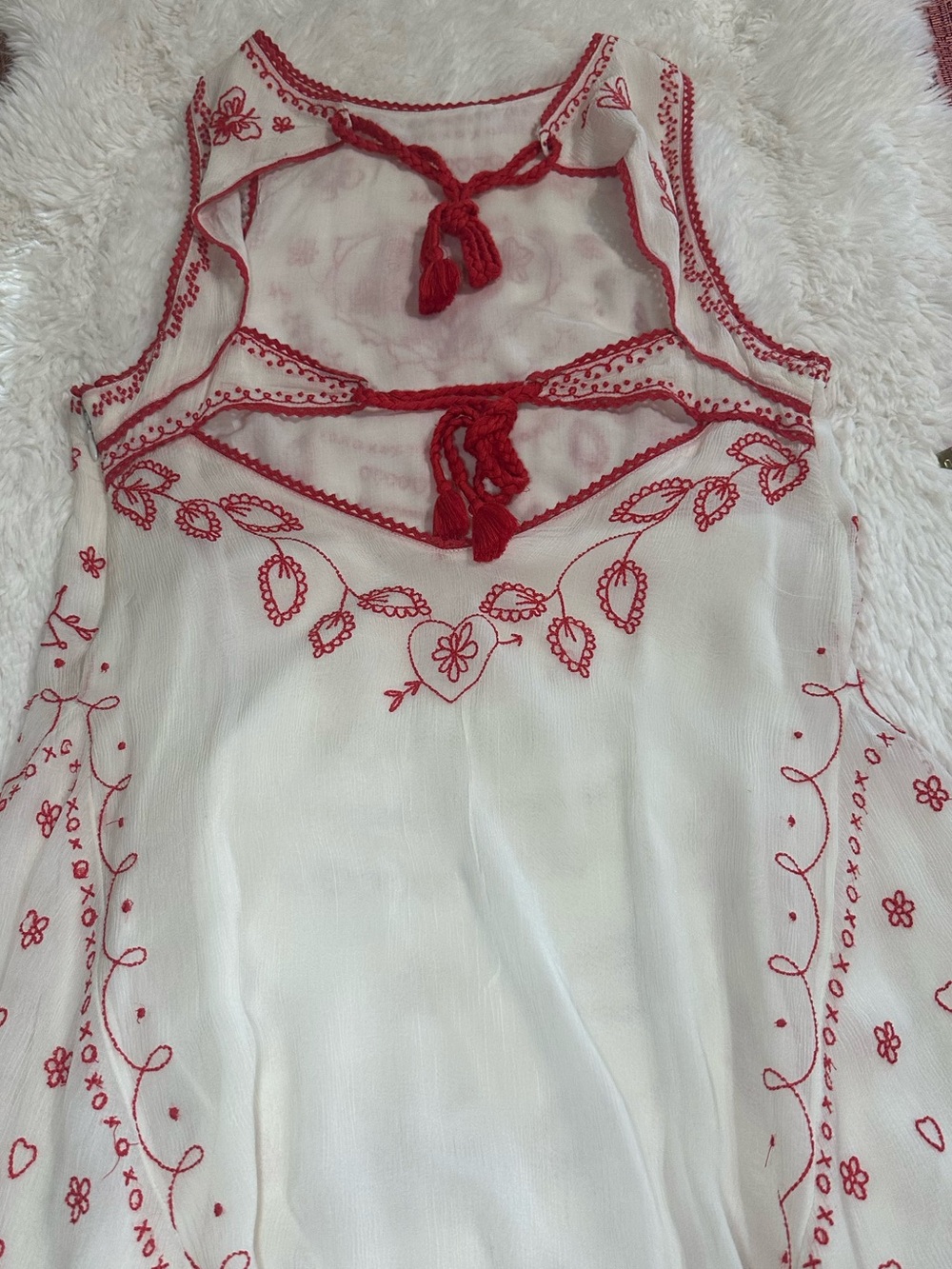 Free People Love Letters Mini Dress Ivory Red Embroidered Open Back Tassel M - Picture 4 of 16